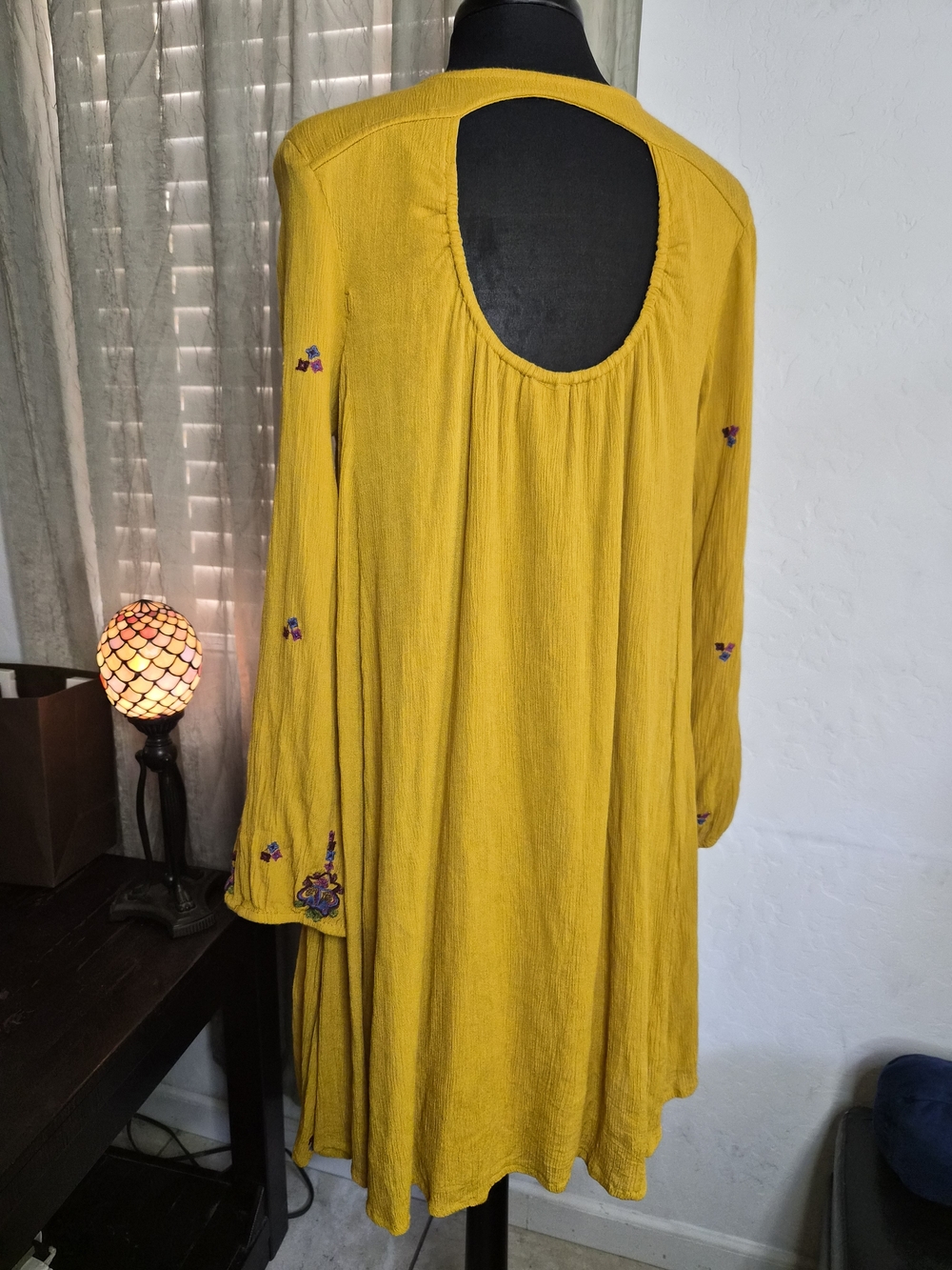 Japna Mustard Yellow Long-Sleeve V-Neck Embroidered Dress